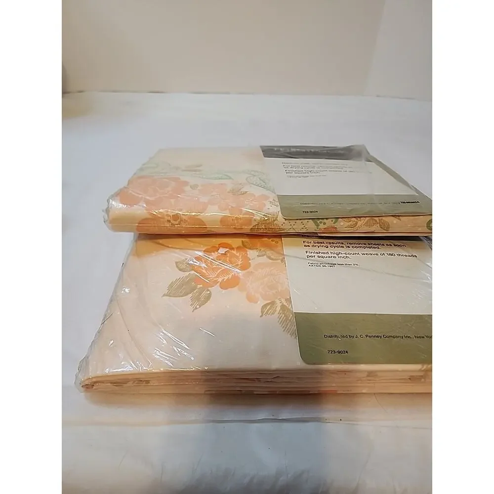 Vtg JCPenney No Iron Percale Fitted And Flat Sheets Floral Pale Orange Salmon